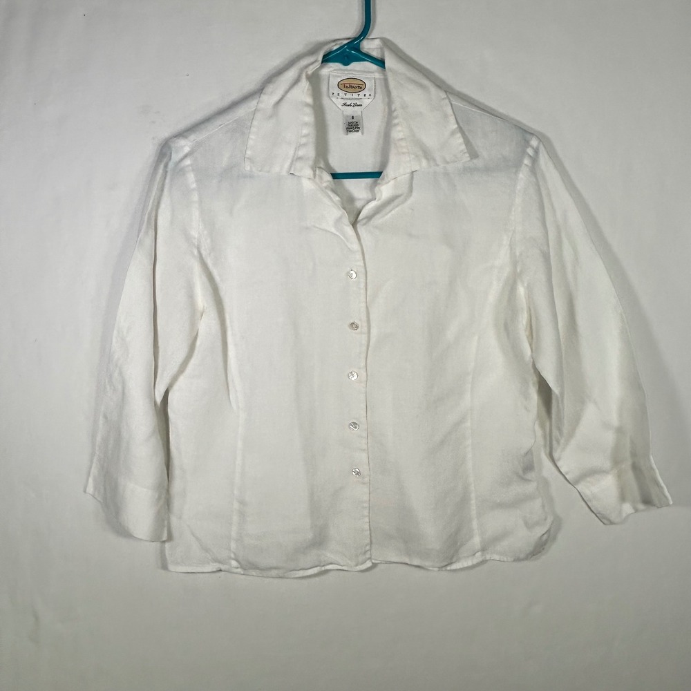Talbots Petites White Irish Linen Button Up Shirt Womens 8P 3/4 Sleeve Blouse